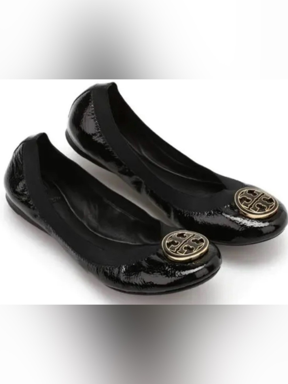 Tory Burch Caroline Naplak elastic Black Patent Logo Medallion Ballet Flats - Picture 2 of 11
